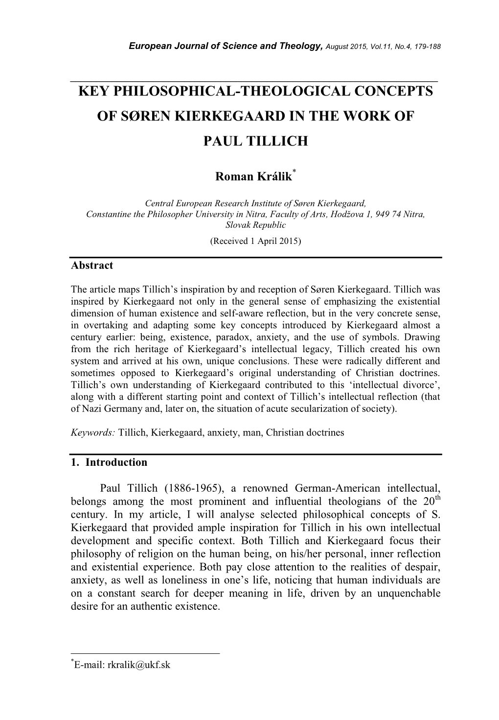 Key Philosophical-Theological Concepts of Søren Kierkegaard in the Work of Paul Tillich