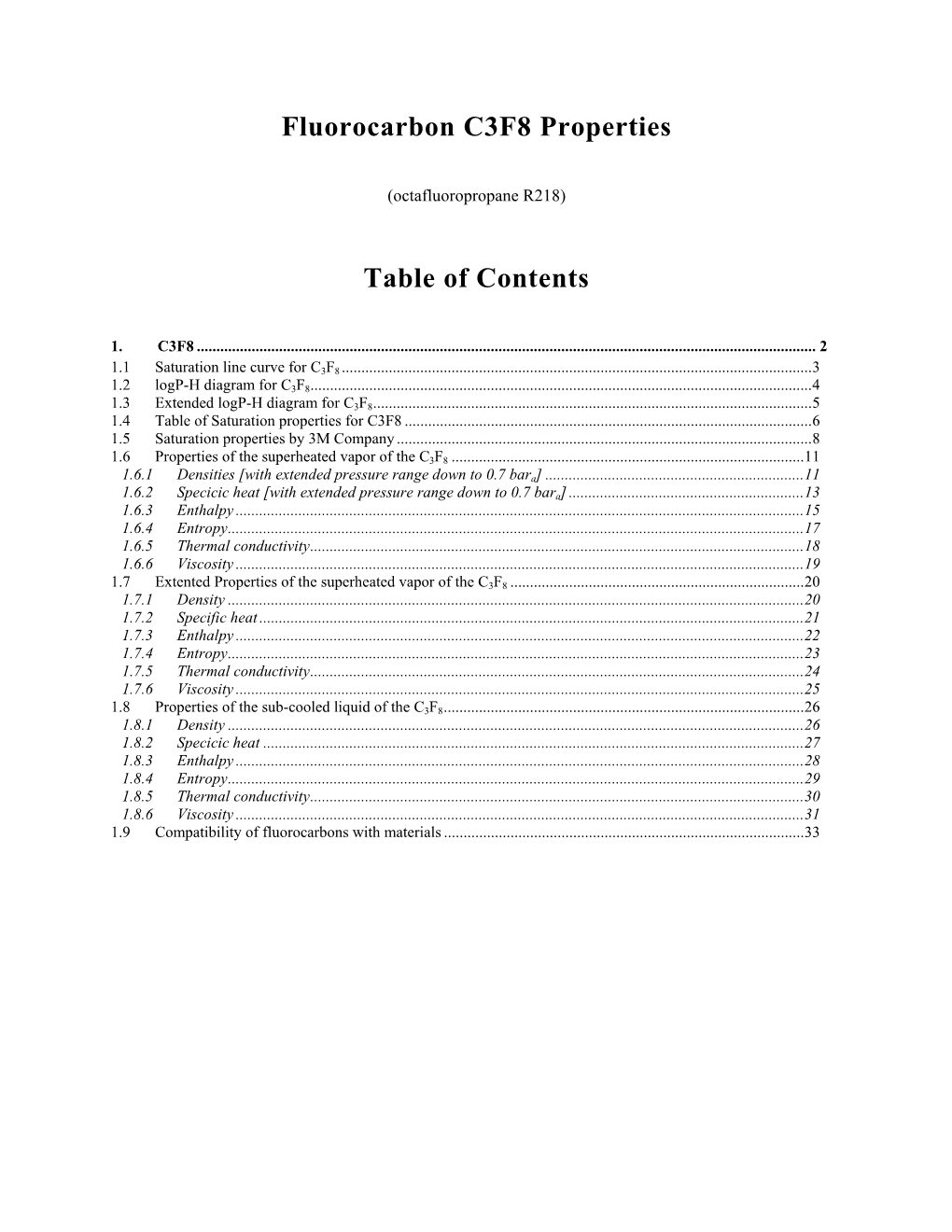 Fluorocarbon C3F8 Properties Table of Contents