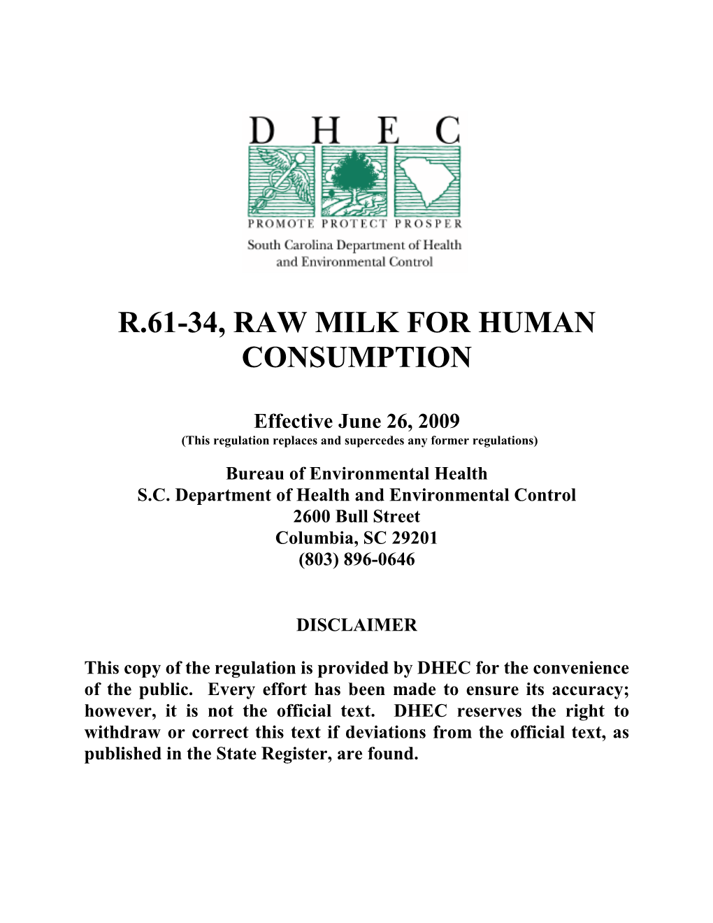 R.61-34, Raw Milk for Human Consumption