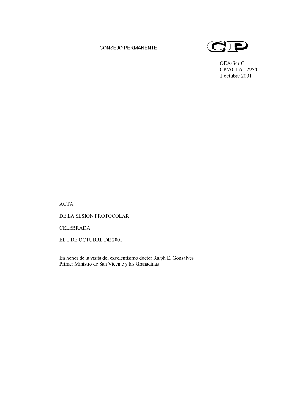 OEA/Ser.G CP/ACTA 1295/01 1 Octubre 2001