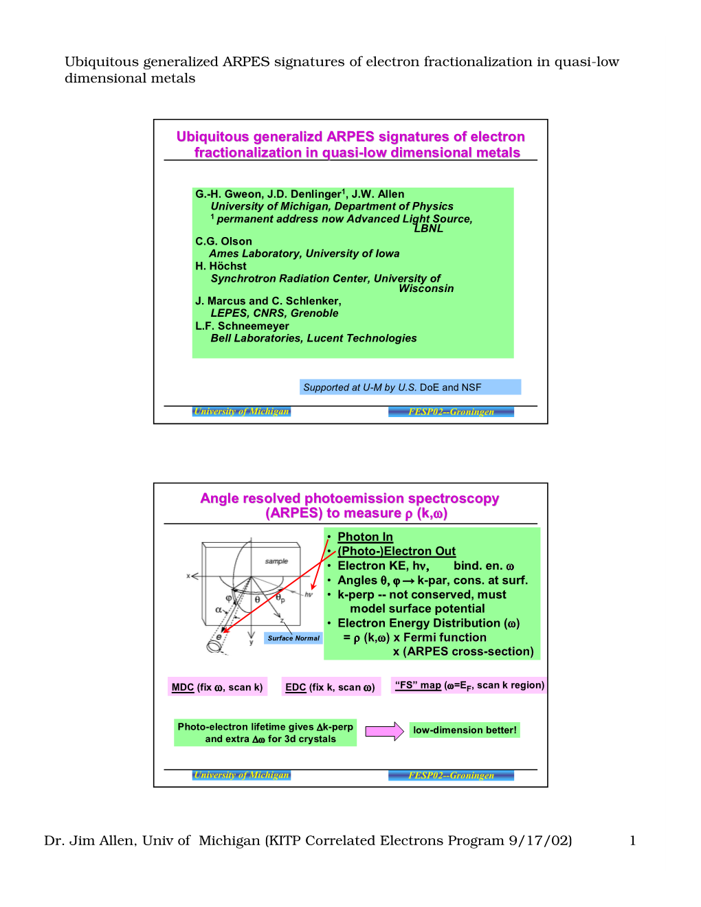 Ubiquitous Generalized ARPES Signatures of Electron Fractionalization in Quasi-Low Dimensional Metals Dr. Jim Allen, Univ of Mi