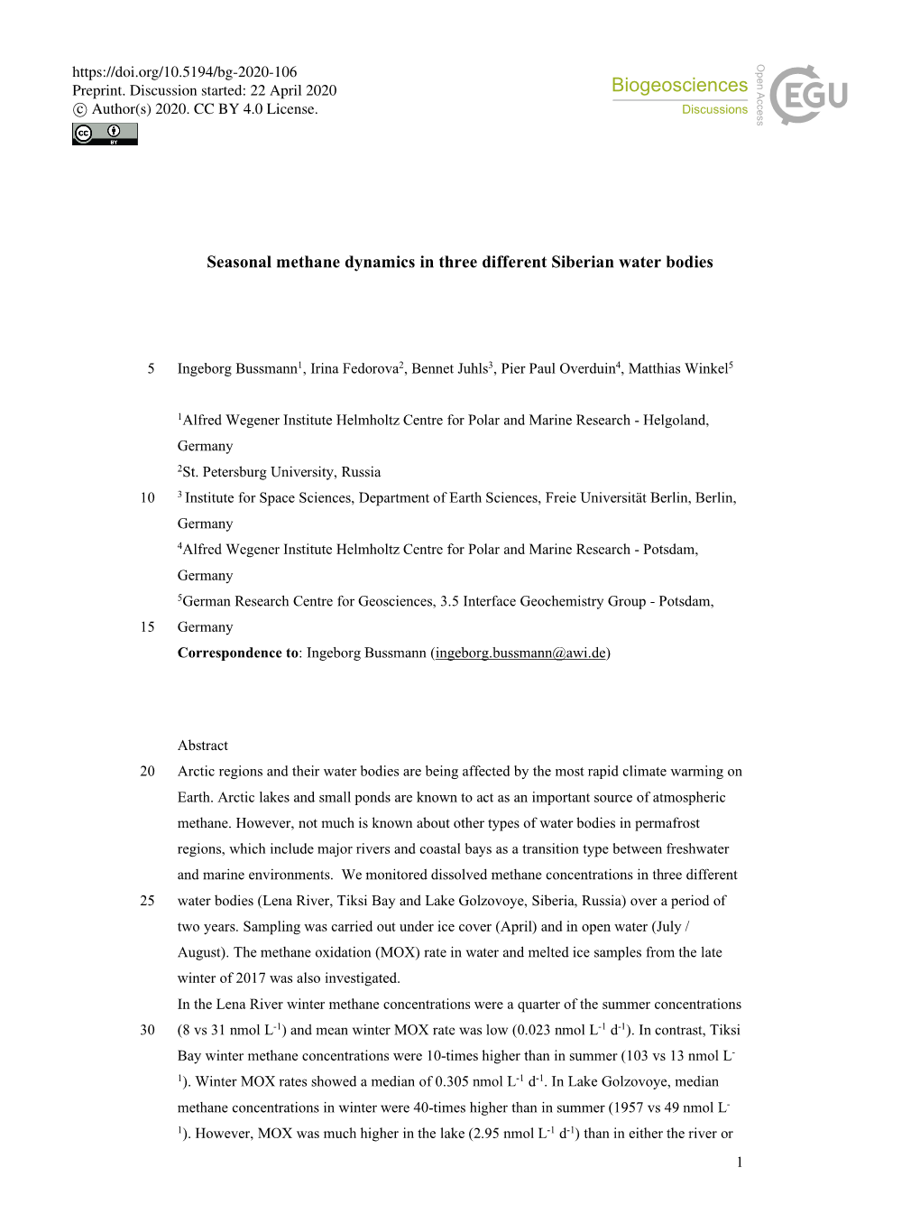 Seasonal Methane Dynamics in Three Different Siberian Water Bodies