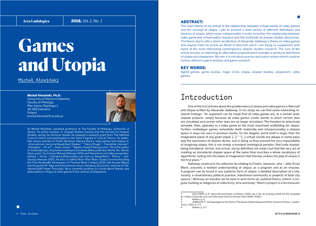 Games and Utopias from His Article on World of Warcraft Which I Am Trying to Supplement with Some of the Most Interesting Contemporary Utopian Studies Research