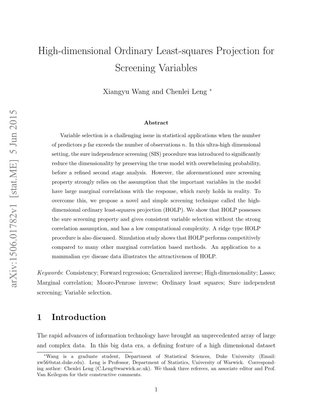 High-Dimensional Ordinary Least-Squares Projection for Screening Variables