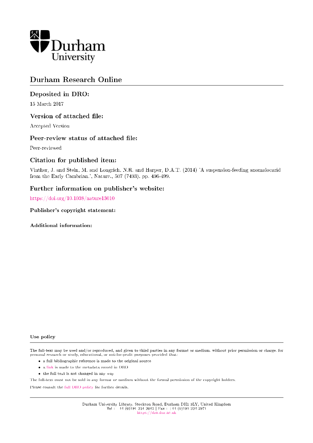 A Suspension-Feeding Anomalocarid from the Early Cambrian.', Nature., 507 (7493)