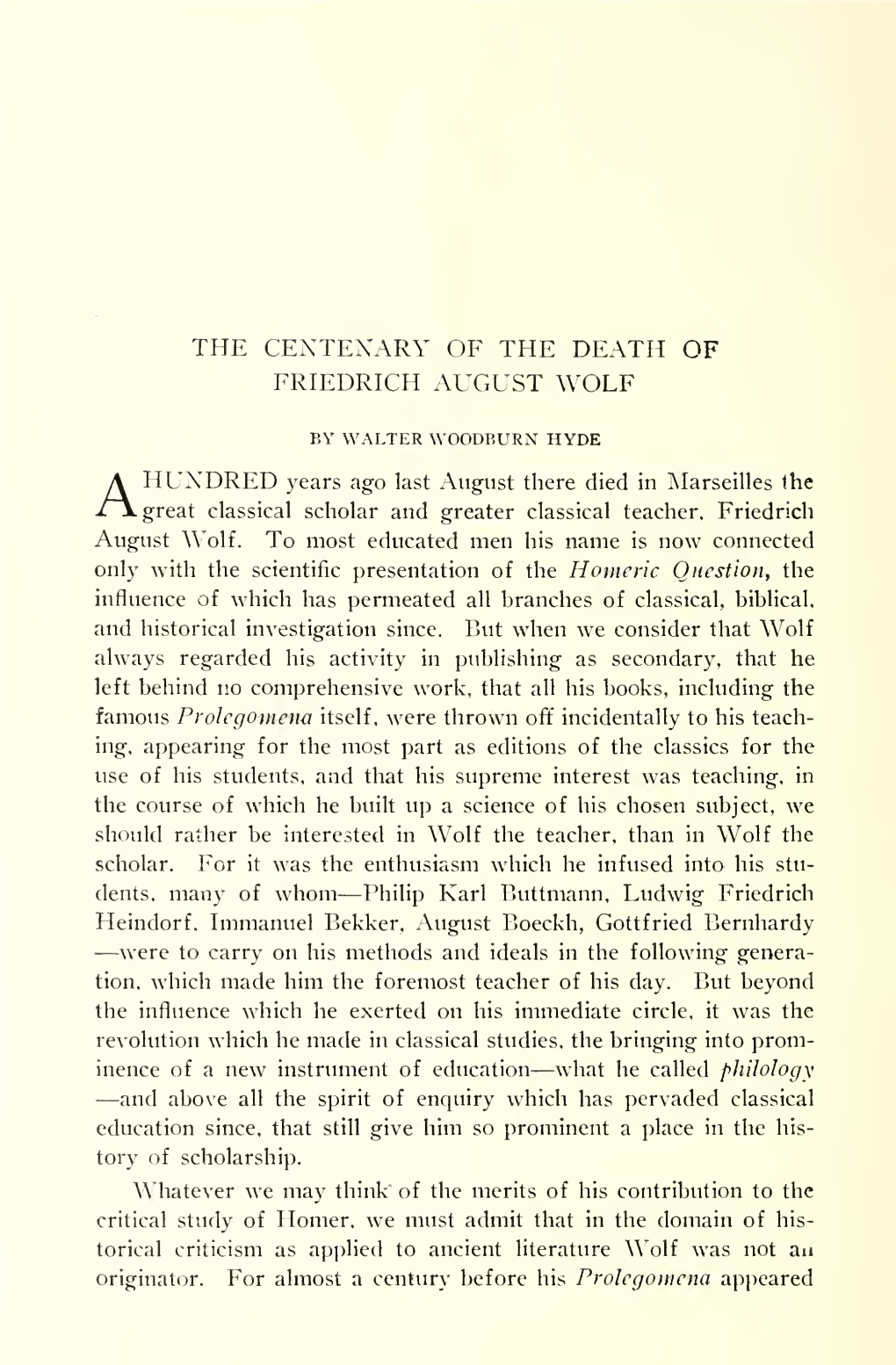 The Centenary of the Death of Friedrich August Wolf