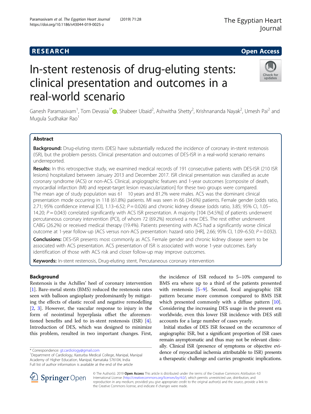 In-Stent Restenosis of Drug-Eluting Stents: Clinical Presentation And