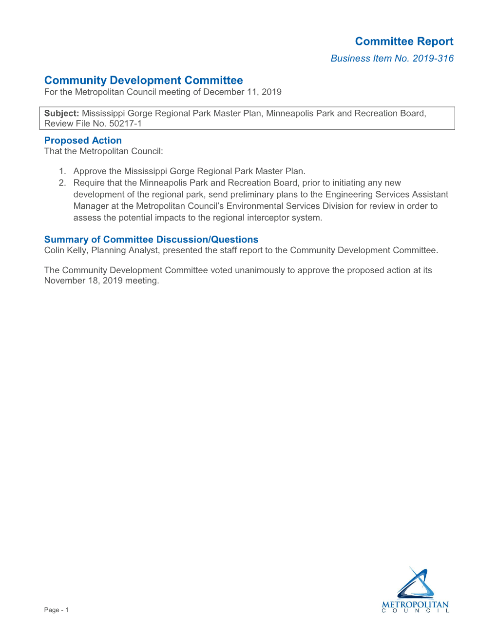 2019-316 Community Development Committee for the Metropolitan Council Meeting of December 11, 2019