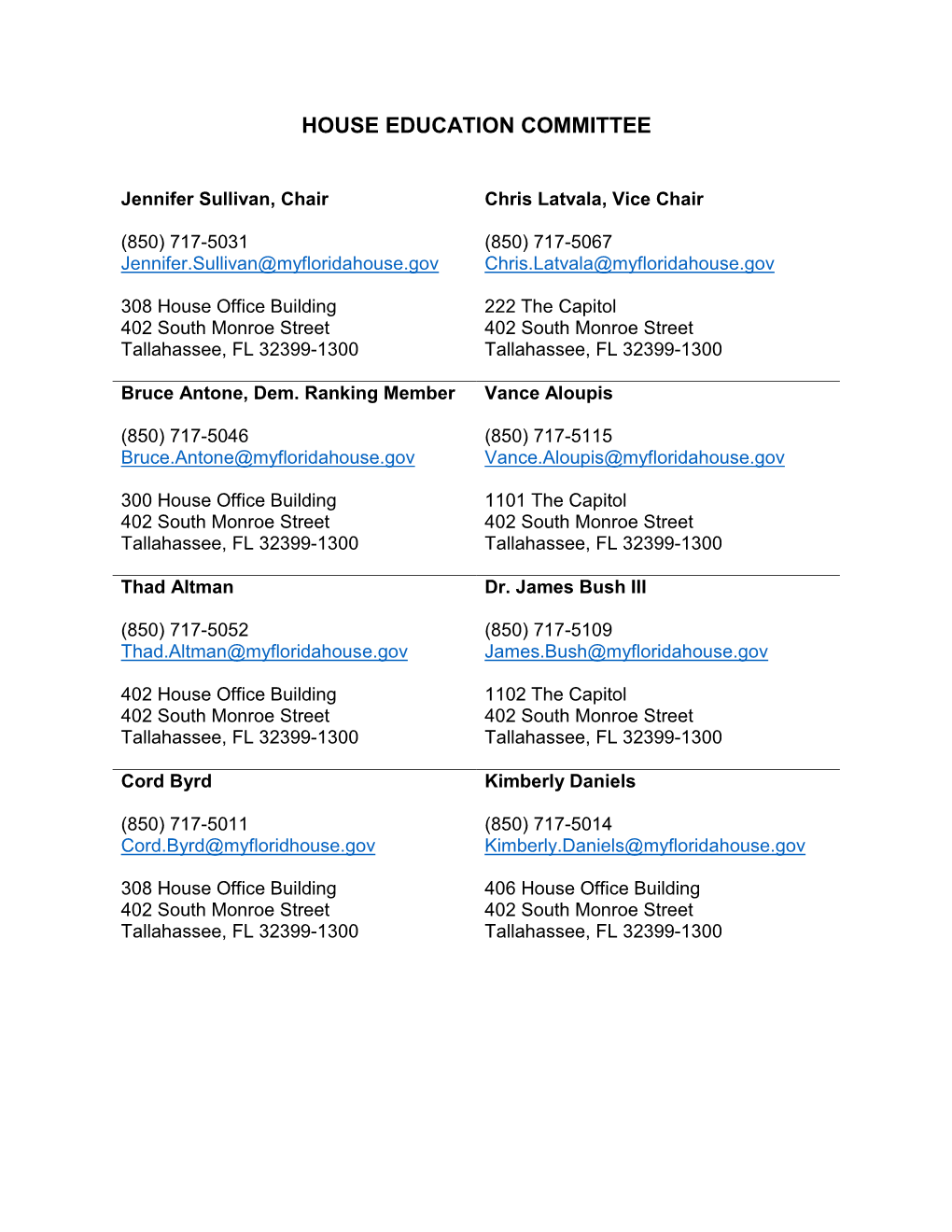 2020 House Education Committees Member Contact List