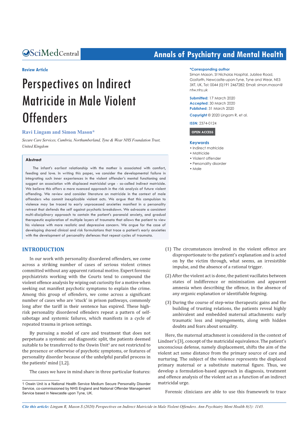 Perspectives on Indirect Matricide in Male Violent Offenders