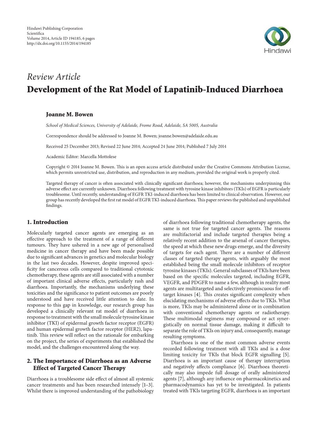 Development of the Rat Model of Lapatinib-Induced Diarrhoea