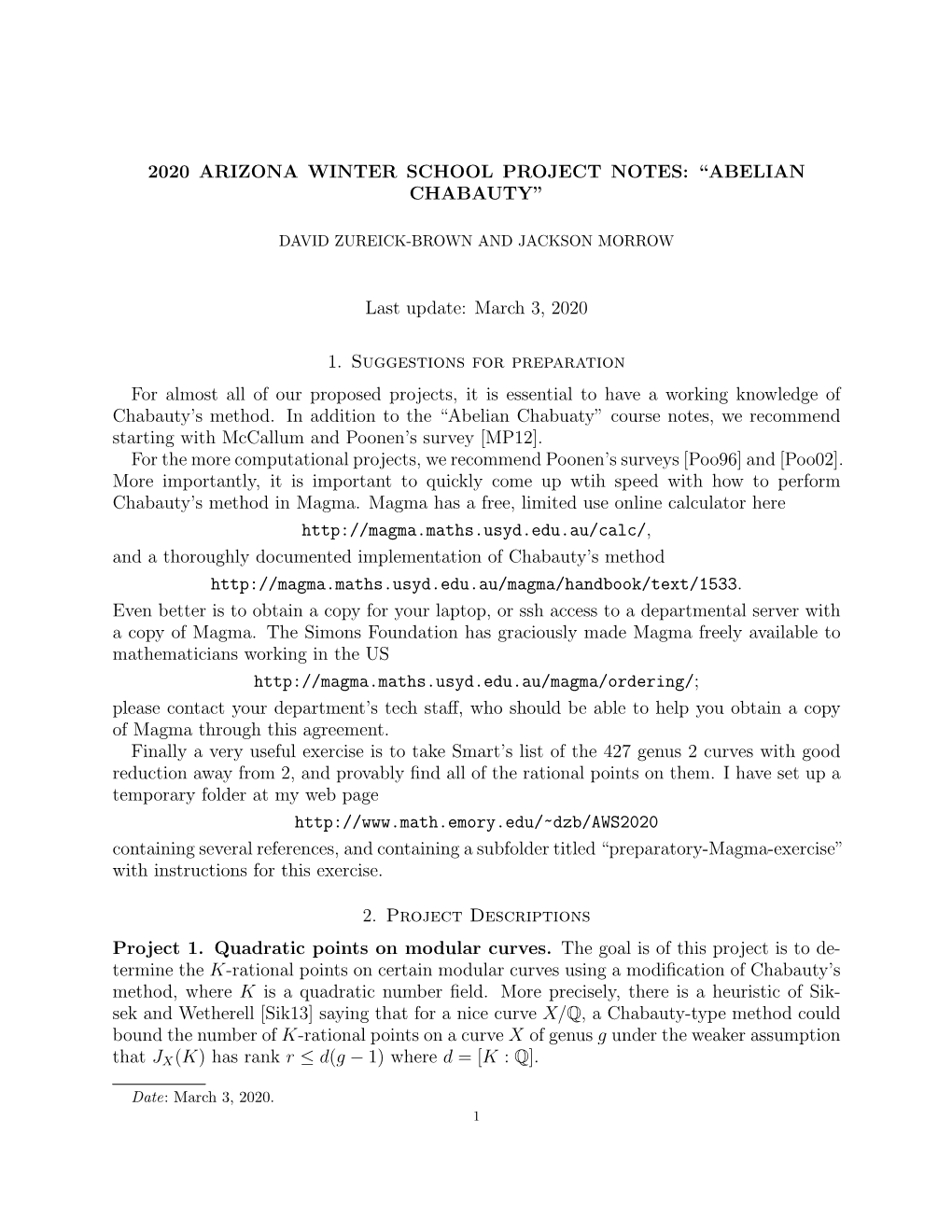 2020 Arizona Winter School Project Notes: “Abelian Chabauty”