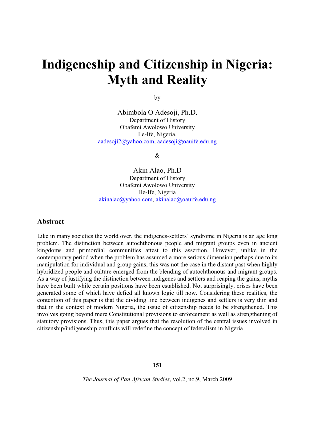 Indigeneship and Citizenship in Nigeria: Myth and Reality