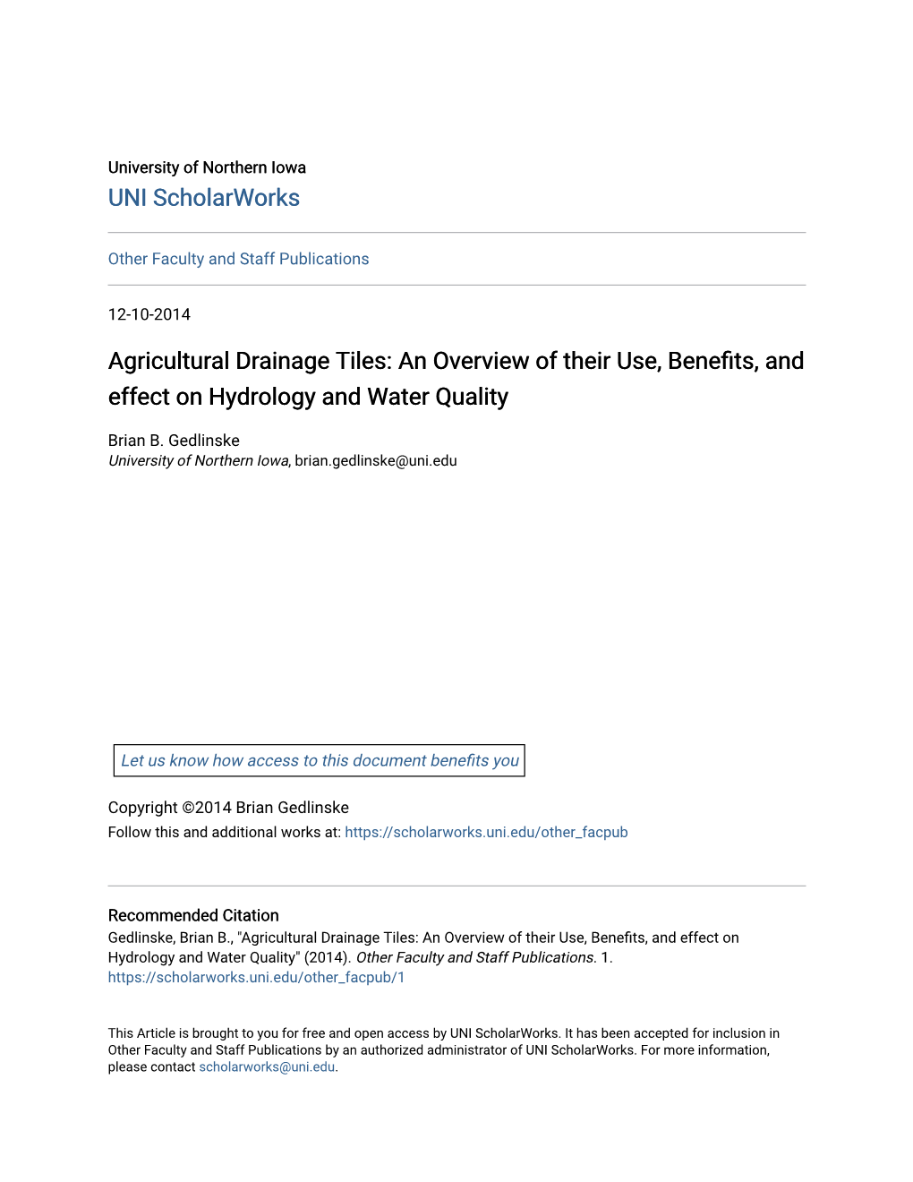 Agricultural Drainage Tiles: an Overview of Their Use, Benefits, and Effect on Hydrology and Water Quality