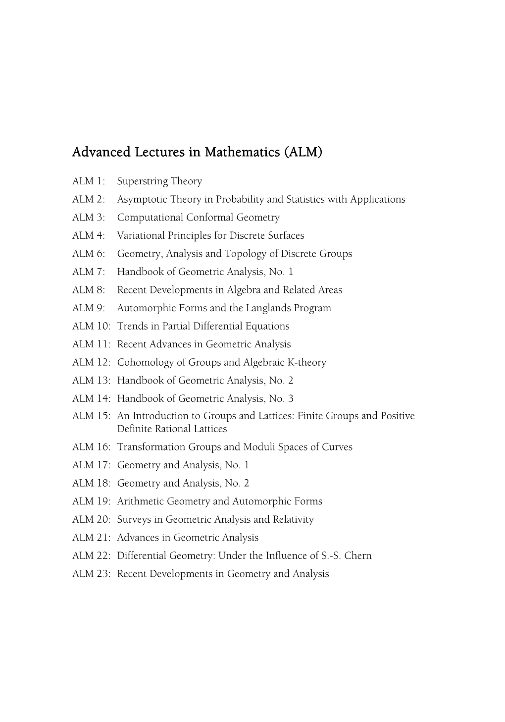 Advanced Lectures in Mathematics (ALM)