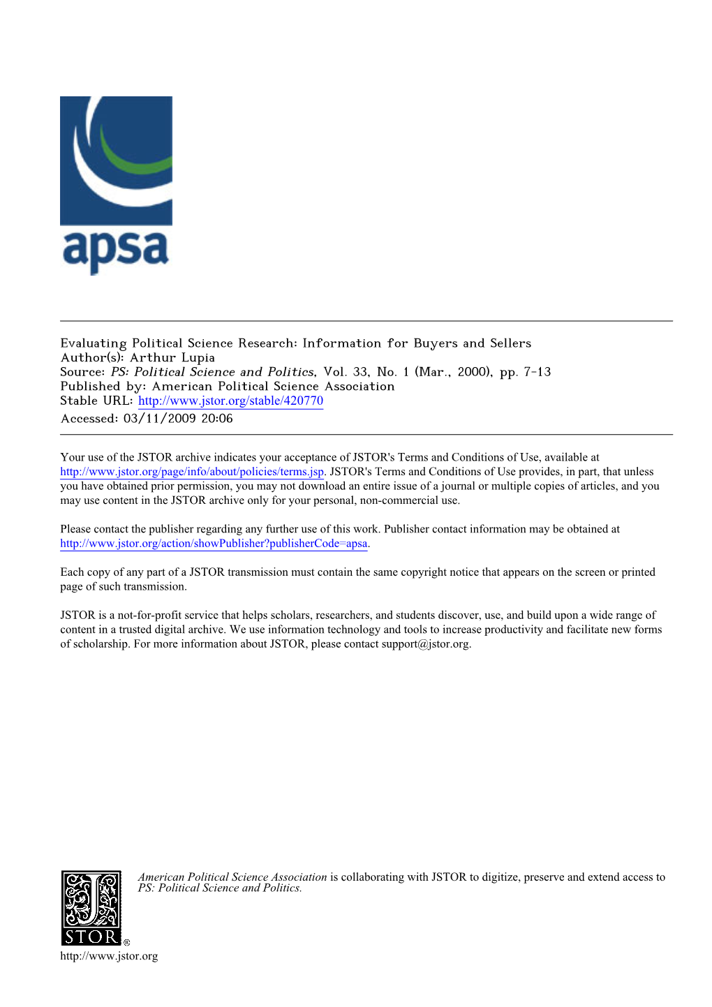 Political Science Research: Information for Buyers and Sellers Author(S): Arthur Lupia Source: PS: Political Science and Politics, Vol