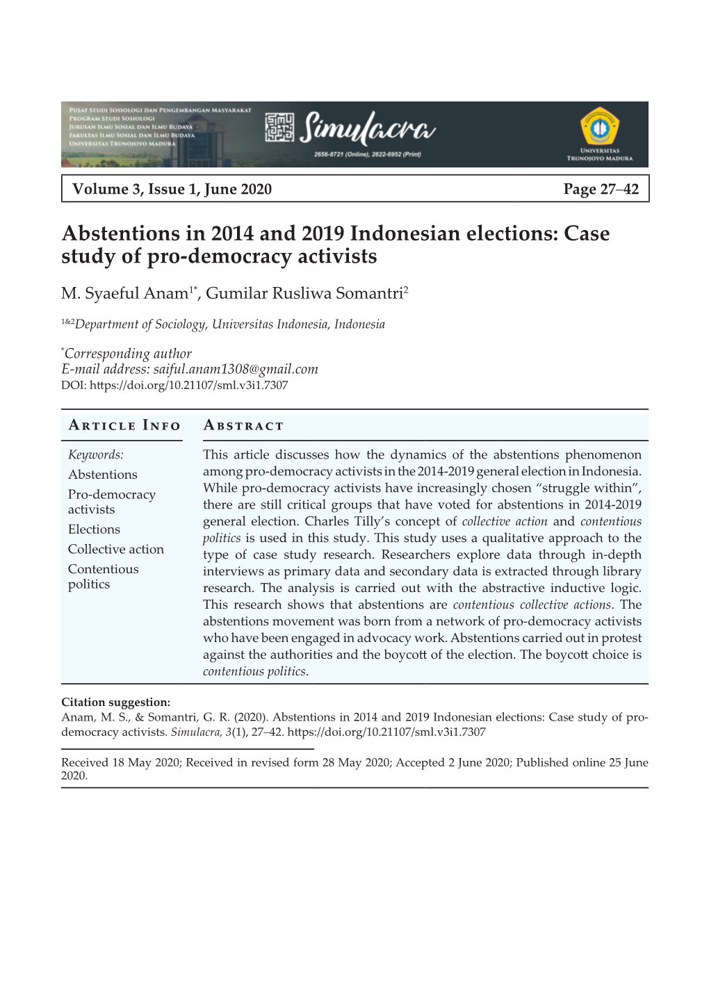 Abstentions in 2014 and 2019 Indonesian Elections: Case Study of Pro-Democracy Activists