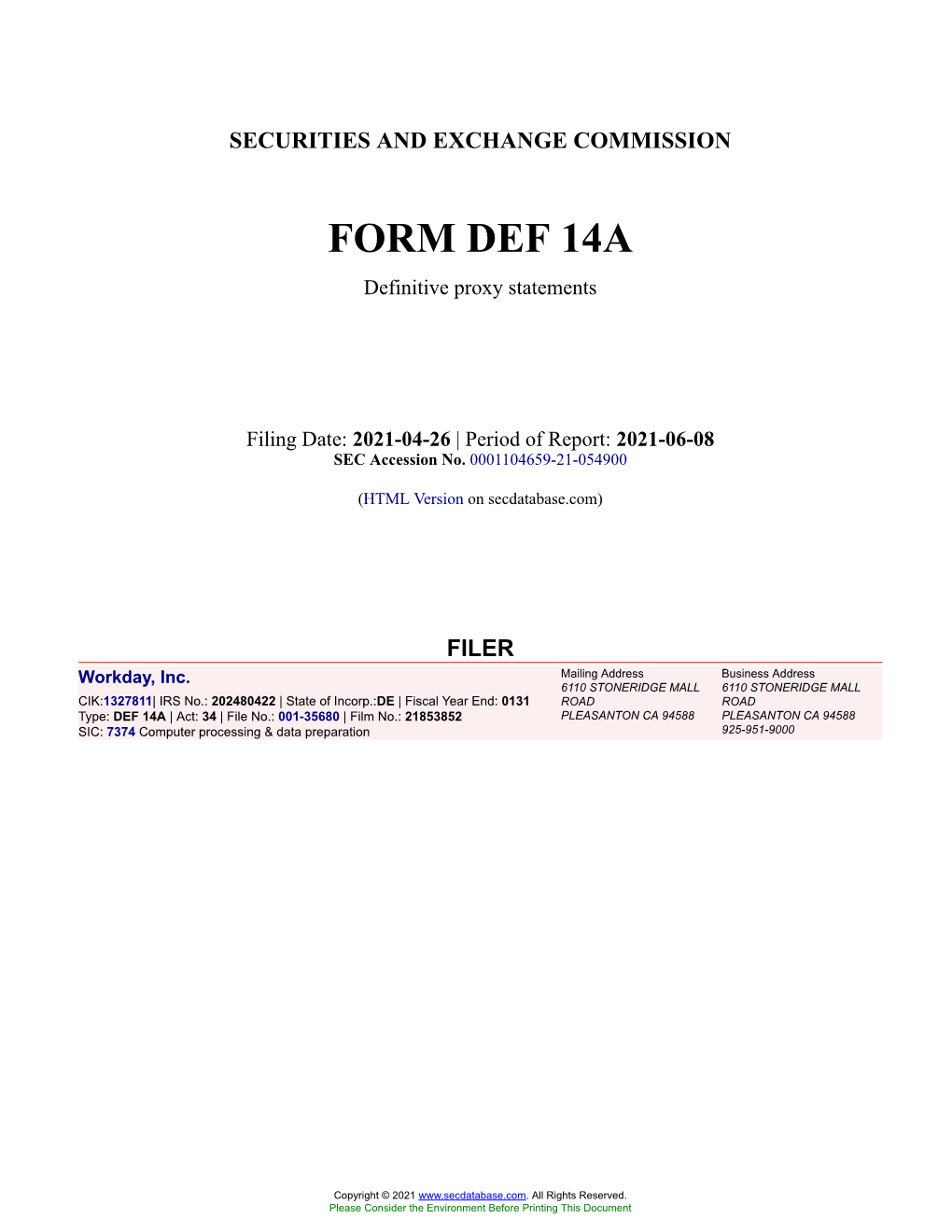 Workday, Inc. Form DEF 14A Filed 2021-04-26