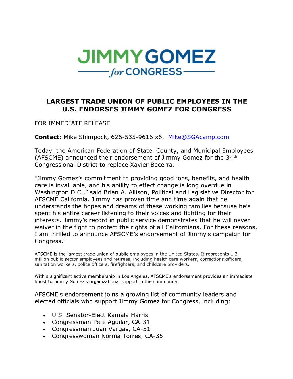 Largest Trade Union of Public Employees in the U.S. Endorses Jimmy Gomez for Congress