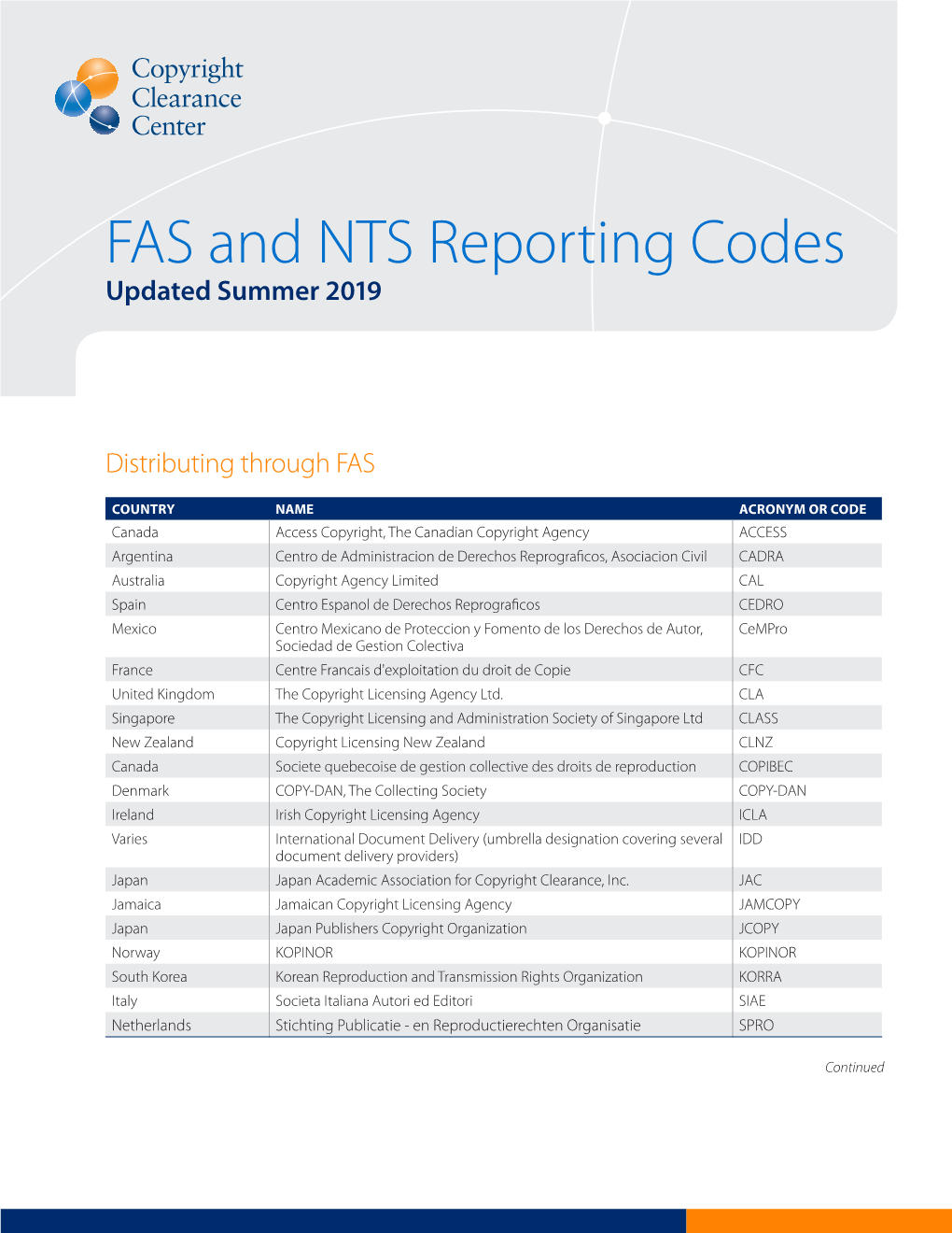 FAS and NTS Reporting Codes Updated Summer 2019
