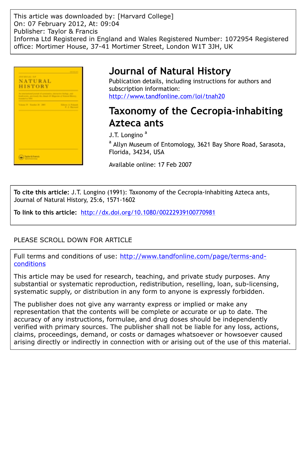 Taxonomy of the Cecropia-Inhabiting Azteca Ants J.T