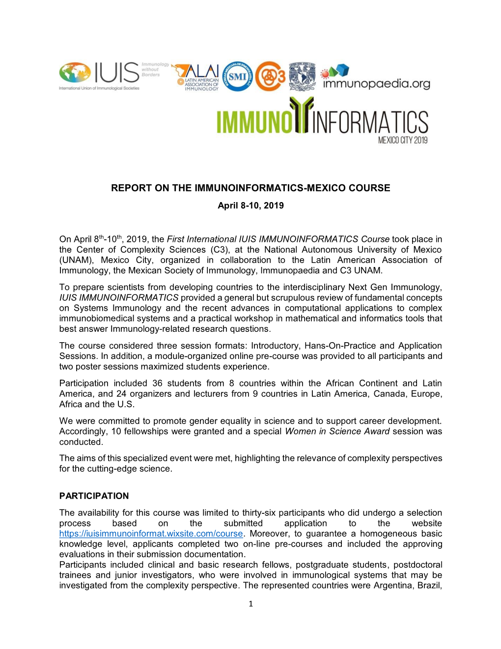 REPORT on the IMMUNOINFORMATICS-MEXICO COURSE April 8-10, 2019