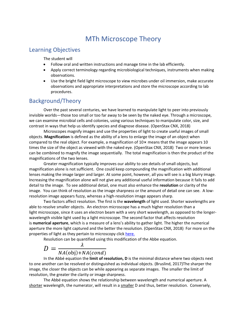 Mth Microscope Theory Learning Objectives the Student Will  Follow Oral and Written Instructions and Manage Time in the Lab Efficiently