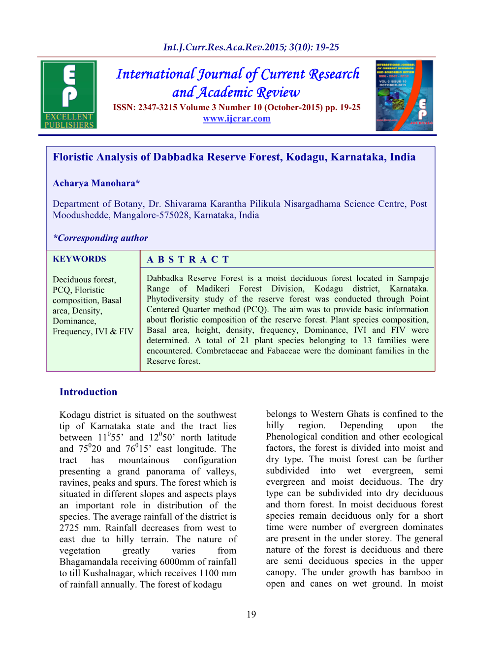 Floristic Analysis of Dabbadka Reserve Forest, Kodagu, Karnataka, India