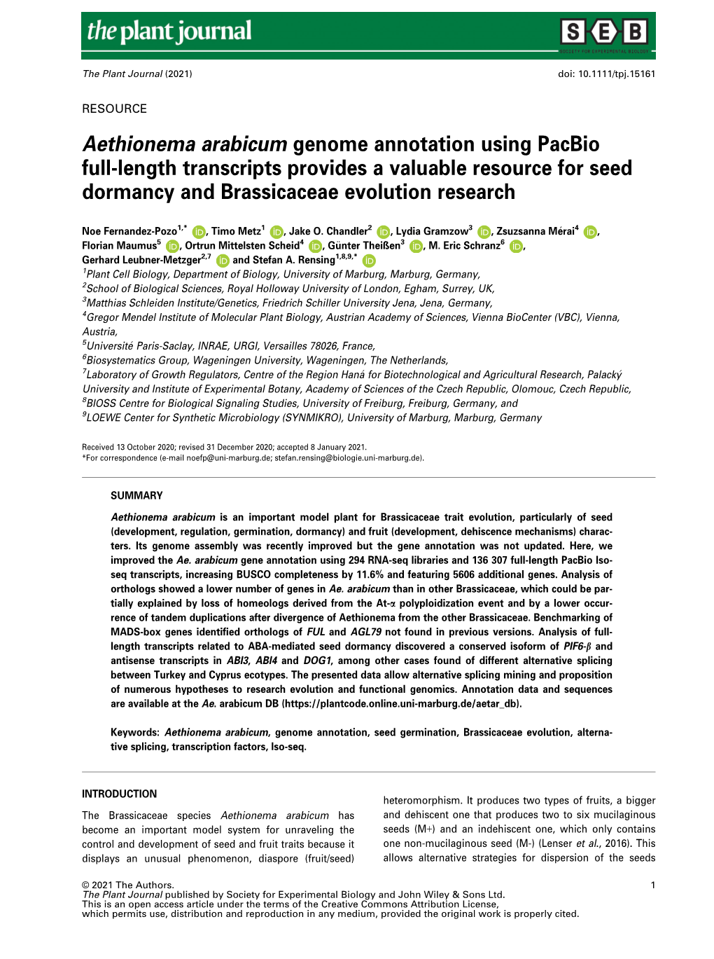 Aethionema Arabicum Genome Annotation Using Pacbio Full‐Length