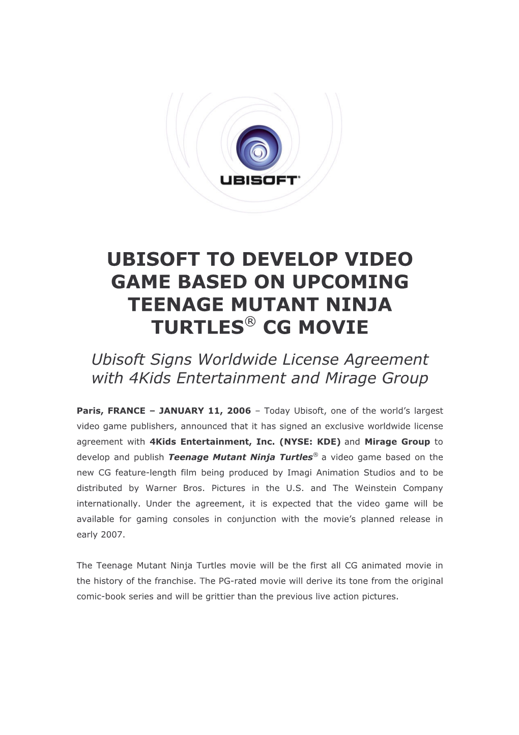 Ubisoft to Develop Video Game Based on Upcoming Teenage Mutant Ninja Turtles® Cg Movie