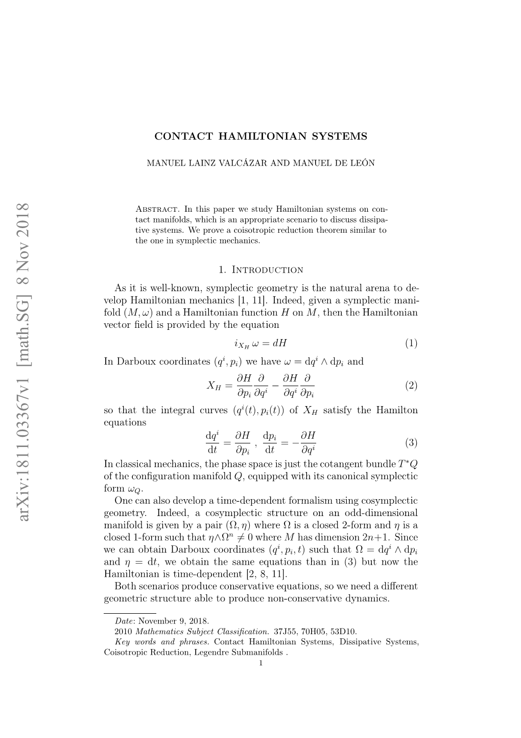 CONTACT HAMILTONIAN SYSTEMS 3 Version of the Famous Result Due to A