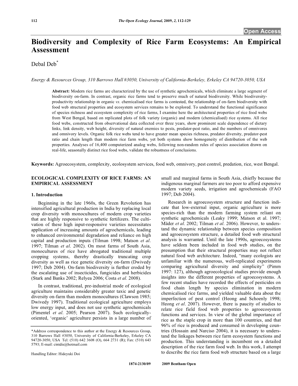 Biodiversity and Complexity of Rice Farm Ecosystems: an Empirical Assessment