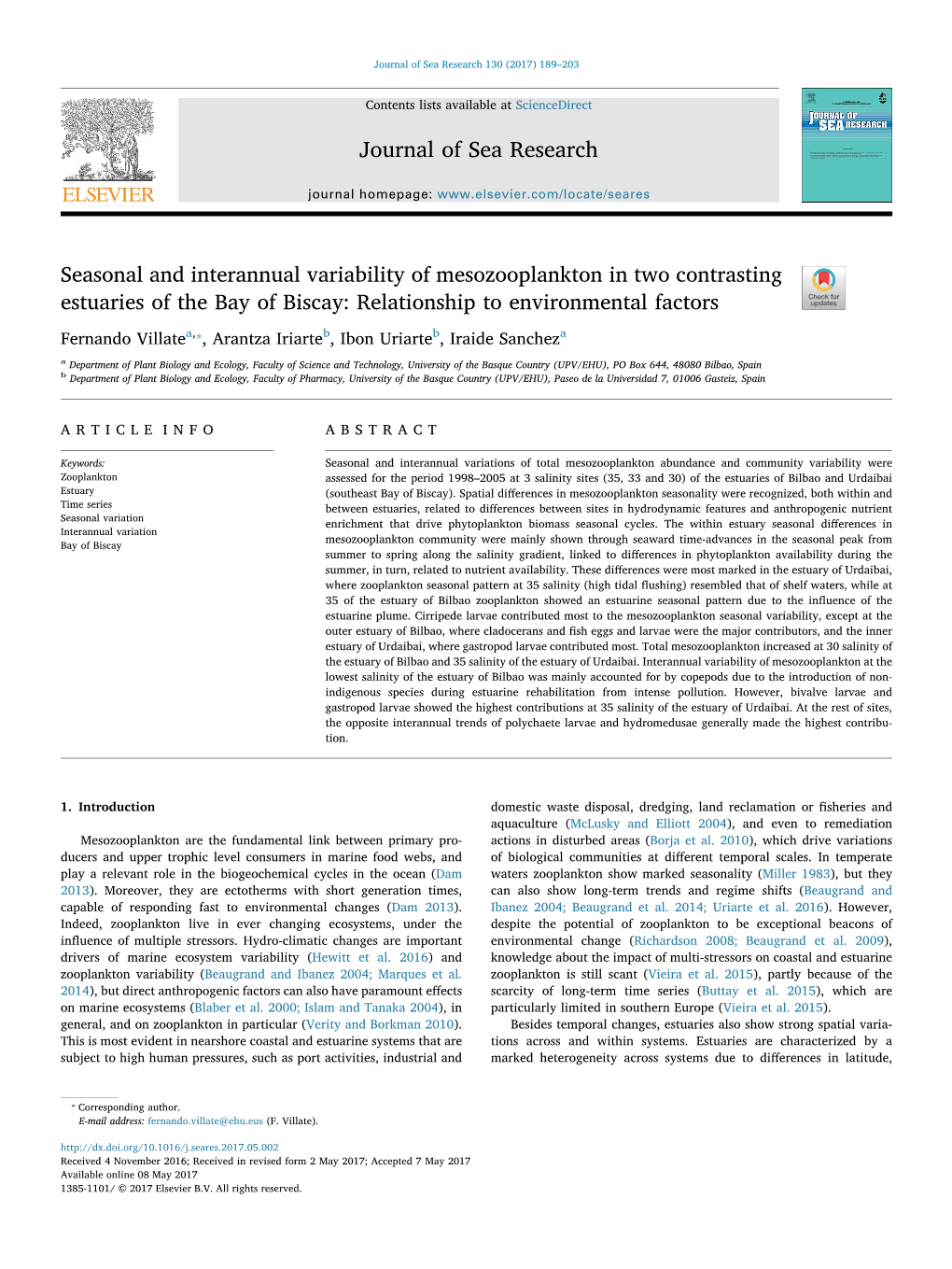 Seasonal and Interannual Variability of Mesozooplankton in Two Contrasting T Estuaries of the Bay of Biscay: Relationship to Environmental Factors