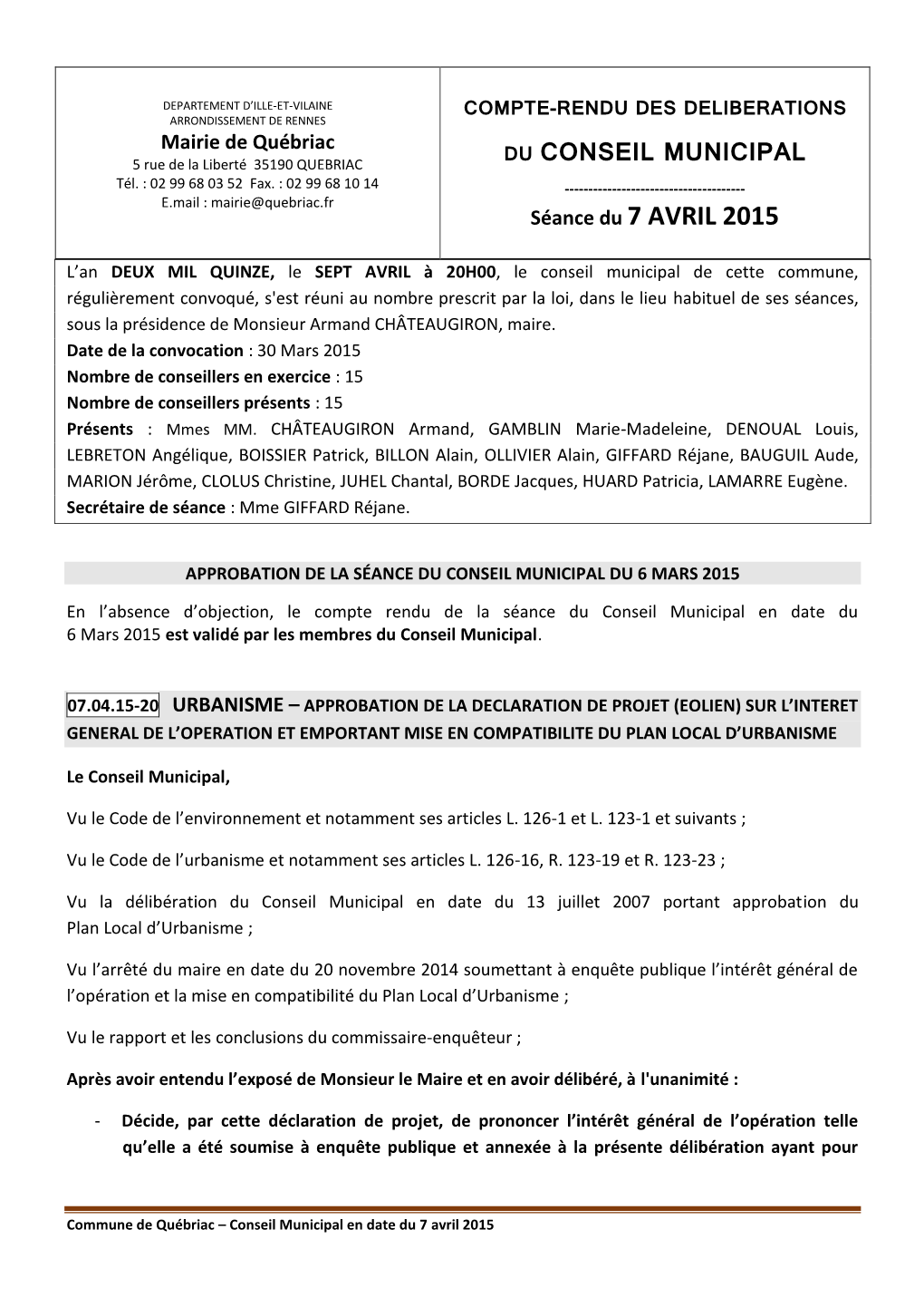 DU CONSEIL MUNICIPAL Séance Du 7 AVRIL 2015