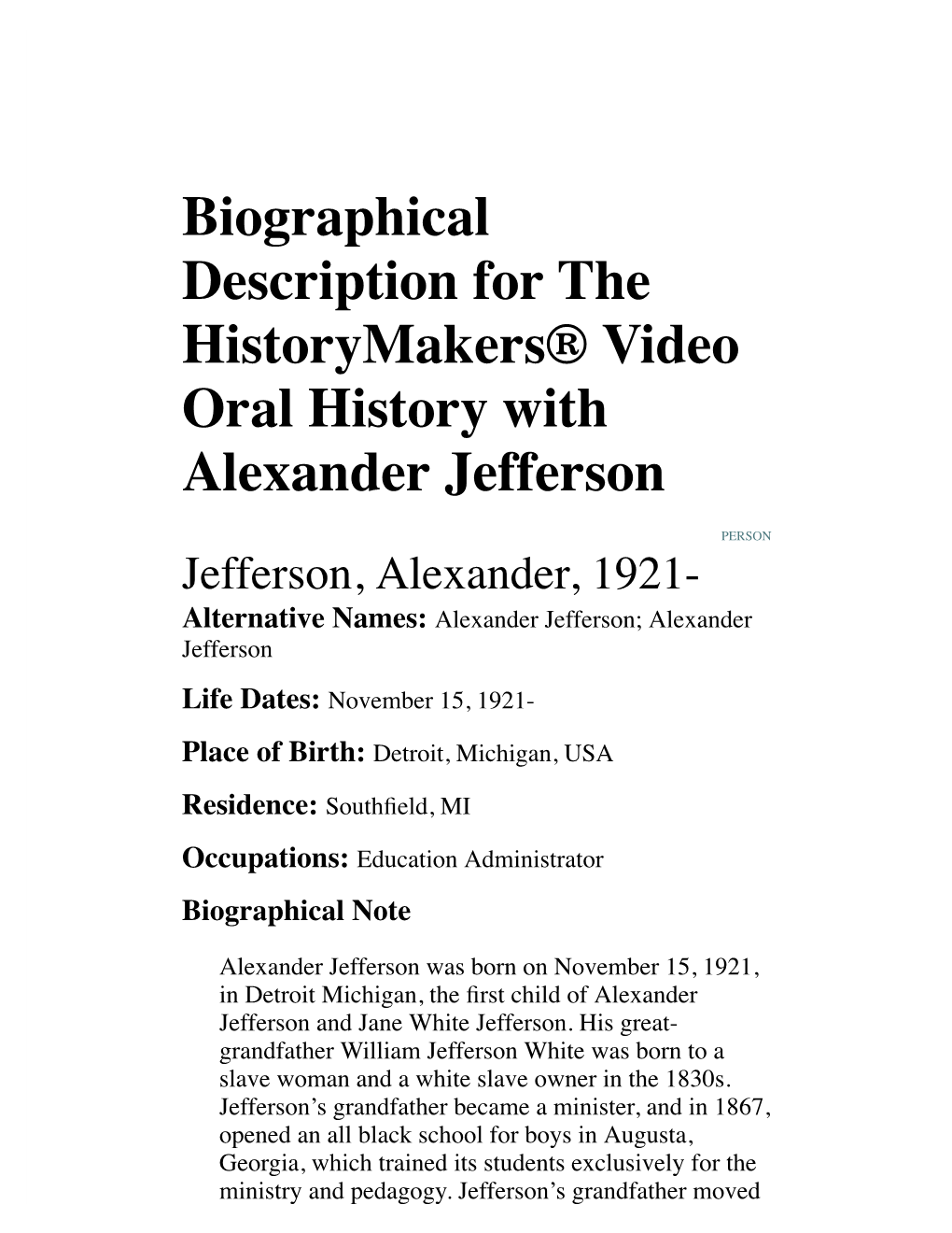 Biographical Description for the Historymakers® Video Oral History with Alexander Jefferson