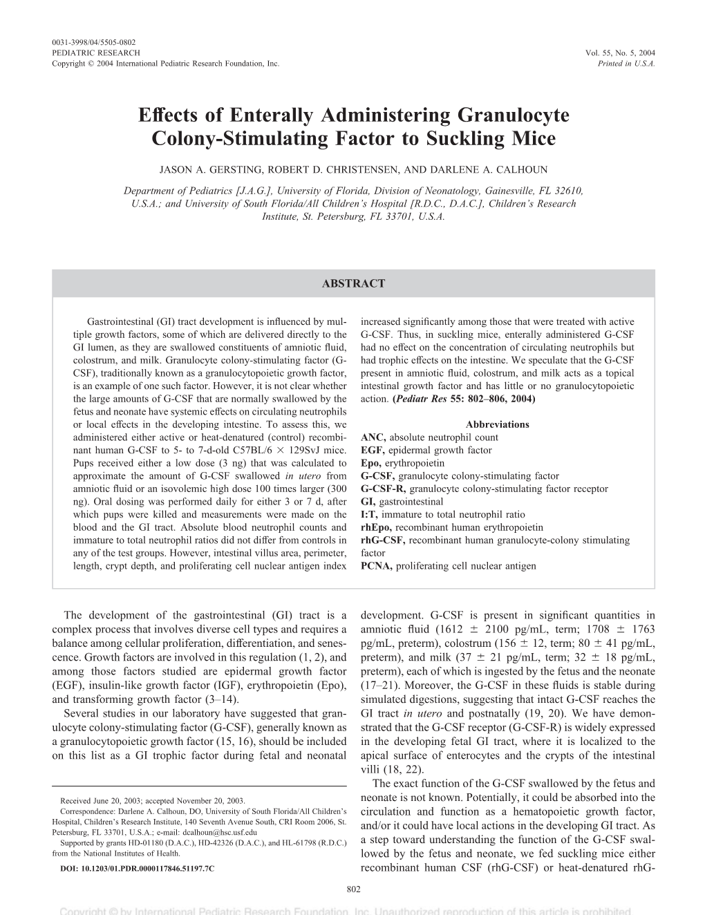 Effects of Enterally Administering Granulocyte Colony-Stimulating Factor to Suckling Mice