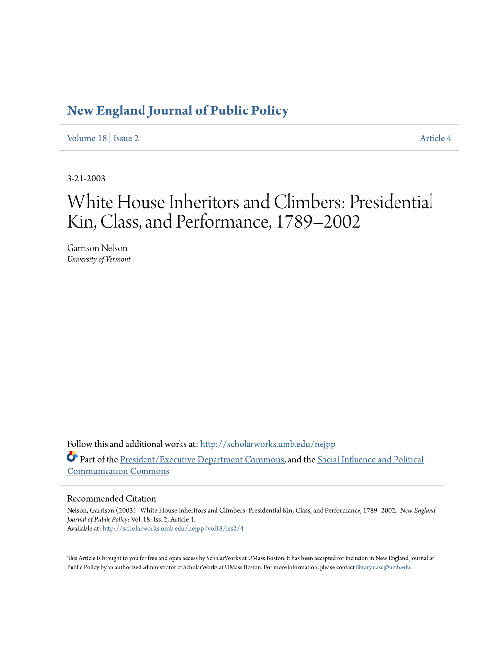 Presidential Kin, Class, and Performance, 1789Â•ﬁ2002