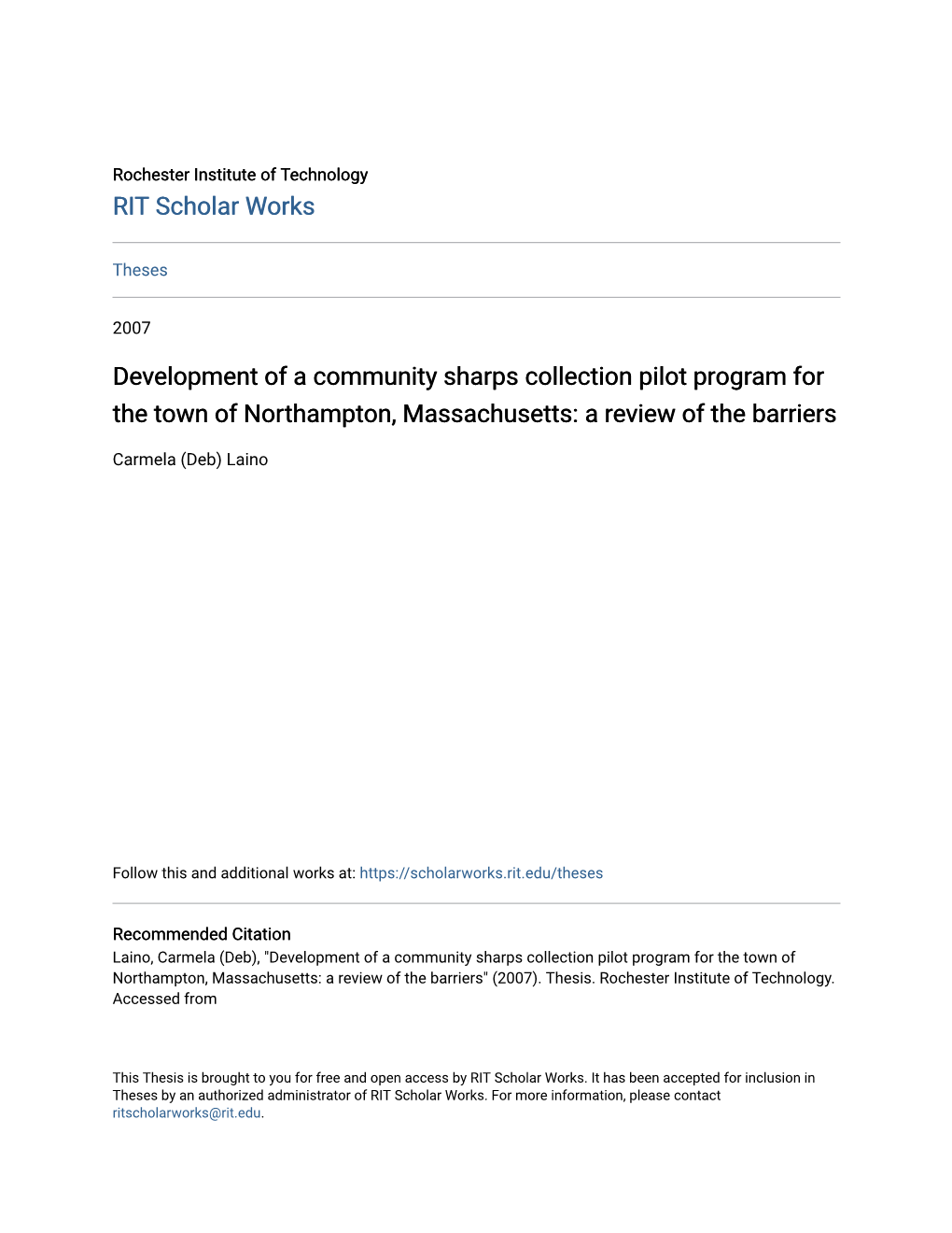 Development of a Community Sharps Collection Pilot Program for the Town of Northampton, Massachusetts: a Review of the Barriers