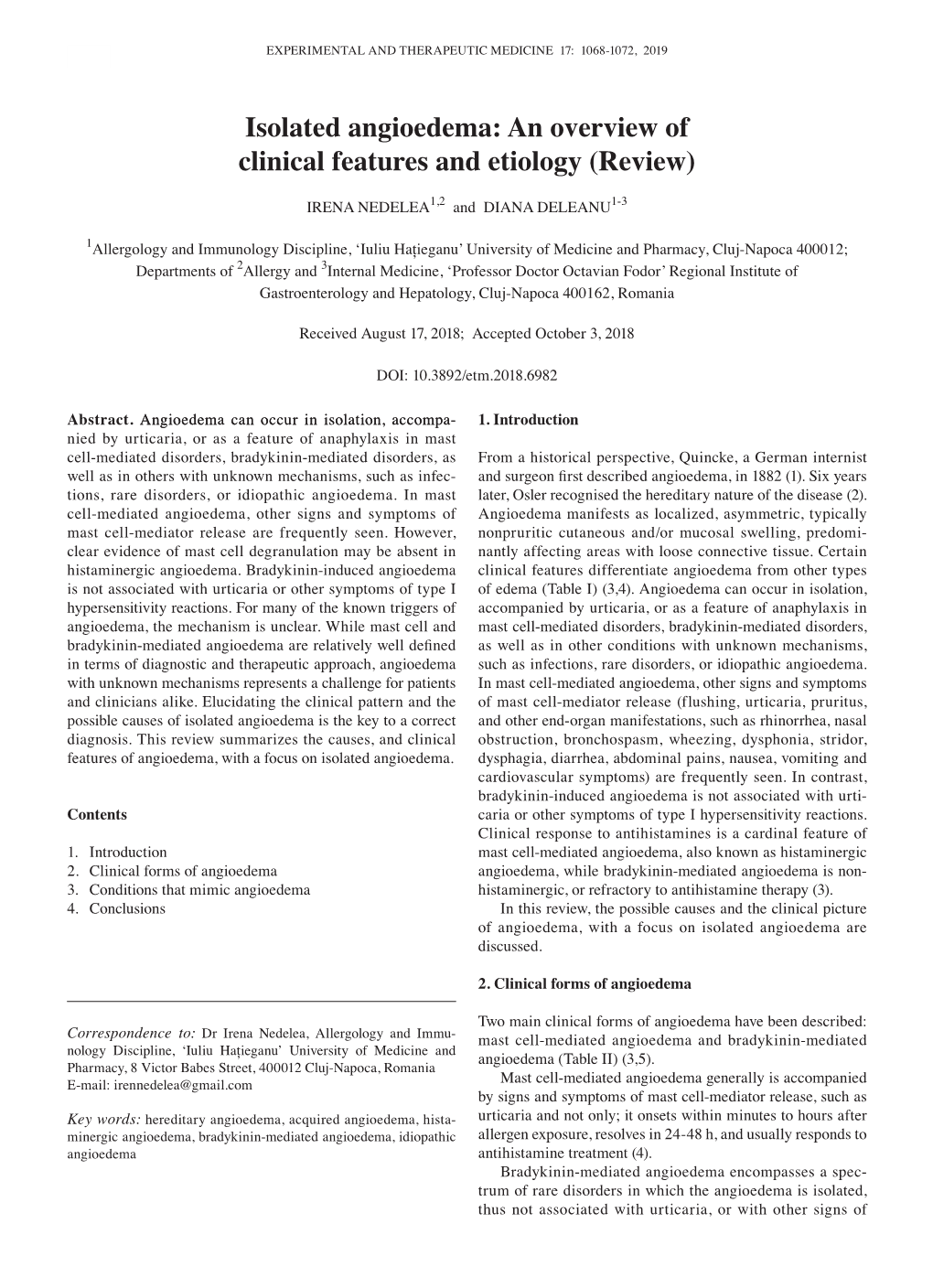 Isolated Angioedema: an Overview of Clinical Features and Etiology (Review)