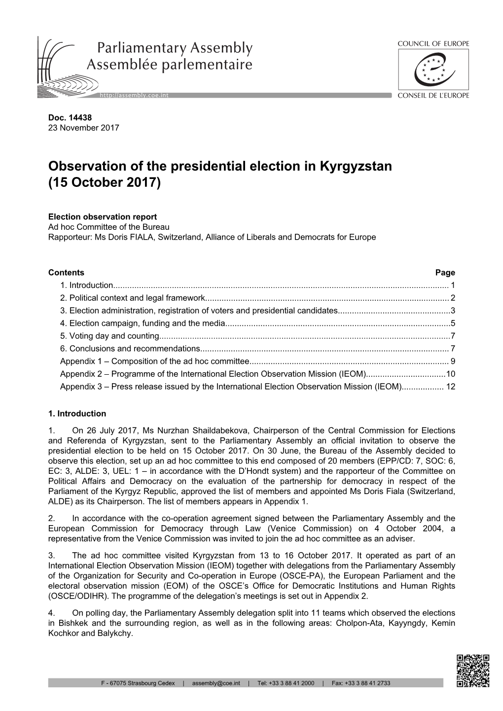 Observation of the Presidential Election in Kyrgyzstan (15 October 2017)