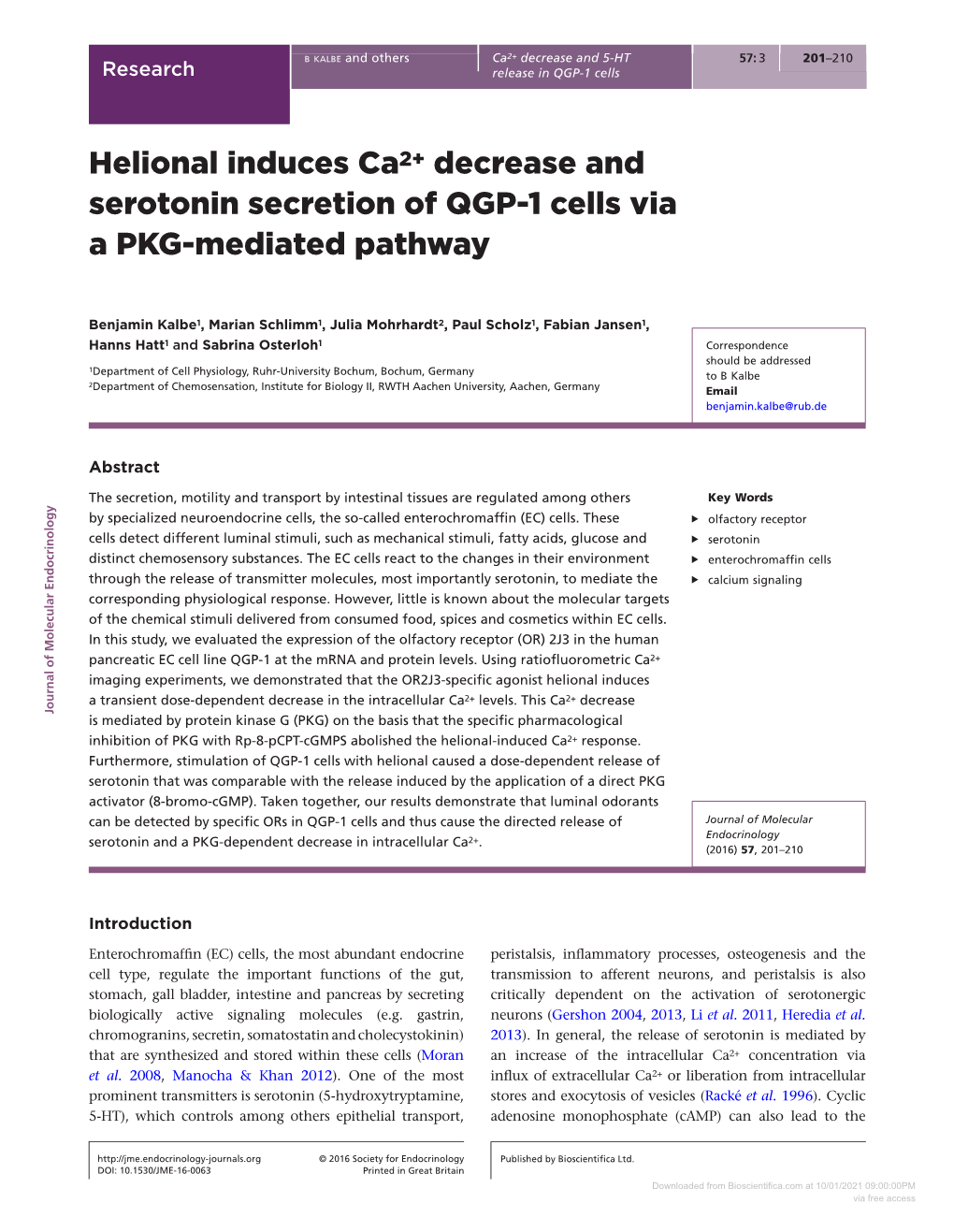 Helional Induces Ca2+ Decrease and Serotonin Secretion of QGP-1 Cells