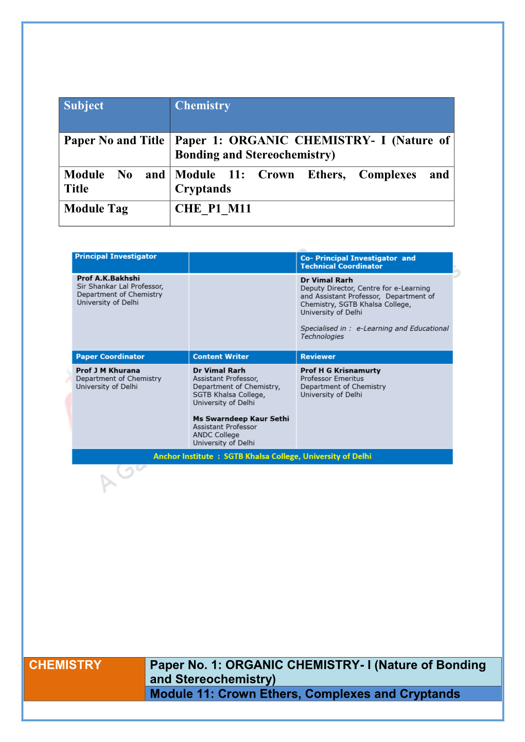 CHEMISTRY Paper No. 1: ORGANIC CHEMISTRY- I (Nature of Bonding and Stereochemistry) Module 11: Crown Ethers, Complexes and Cryptands