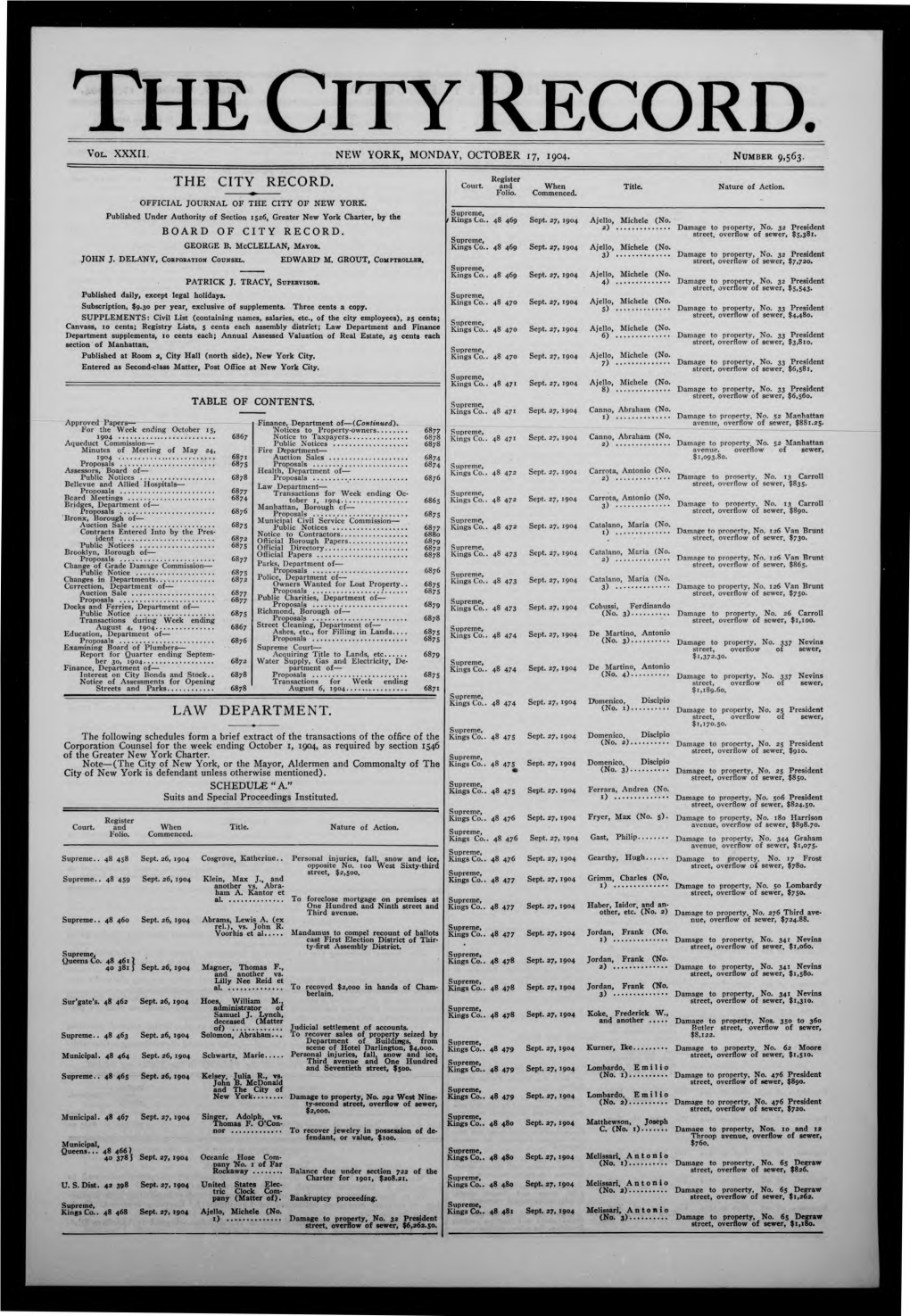 The City Record. Vol� New York, Monday, October 17, 1904