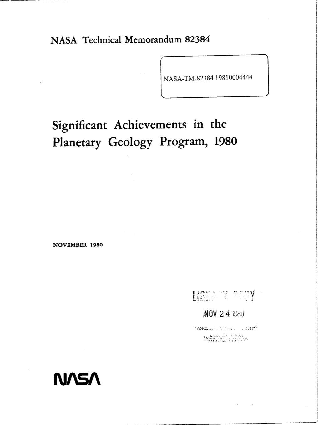 Significant Achievements in the Planetary Geology Program, 1980