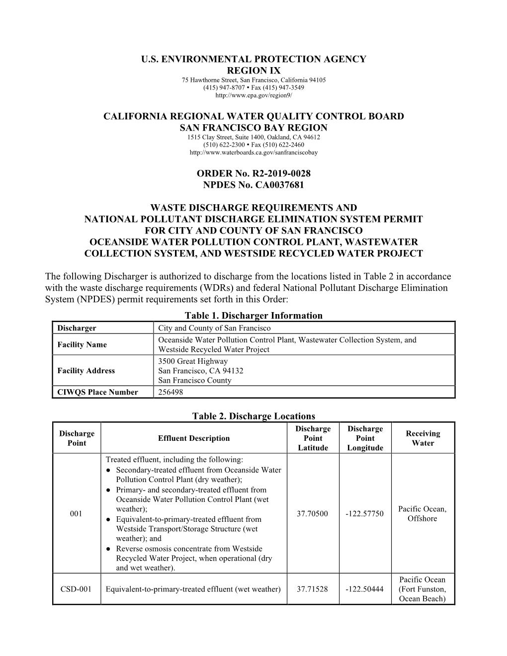 NPDES Permit No. CA003768 – Order No. R2-2019-0028 (Pdf)