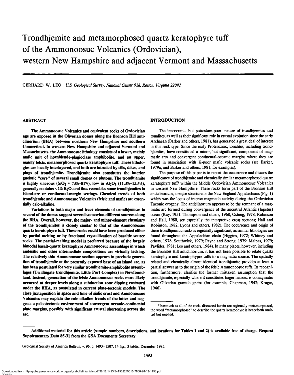 Trondhjemite and Metamorphosed Quartz Keratophyre Tuff of the Ammonoosuc Volcanics (Ordovician), Western New Hampshire and Adjacent Vermont and Massachusetts