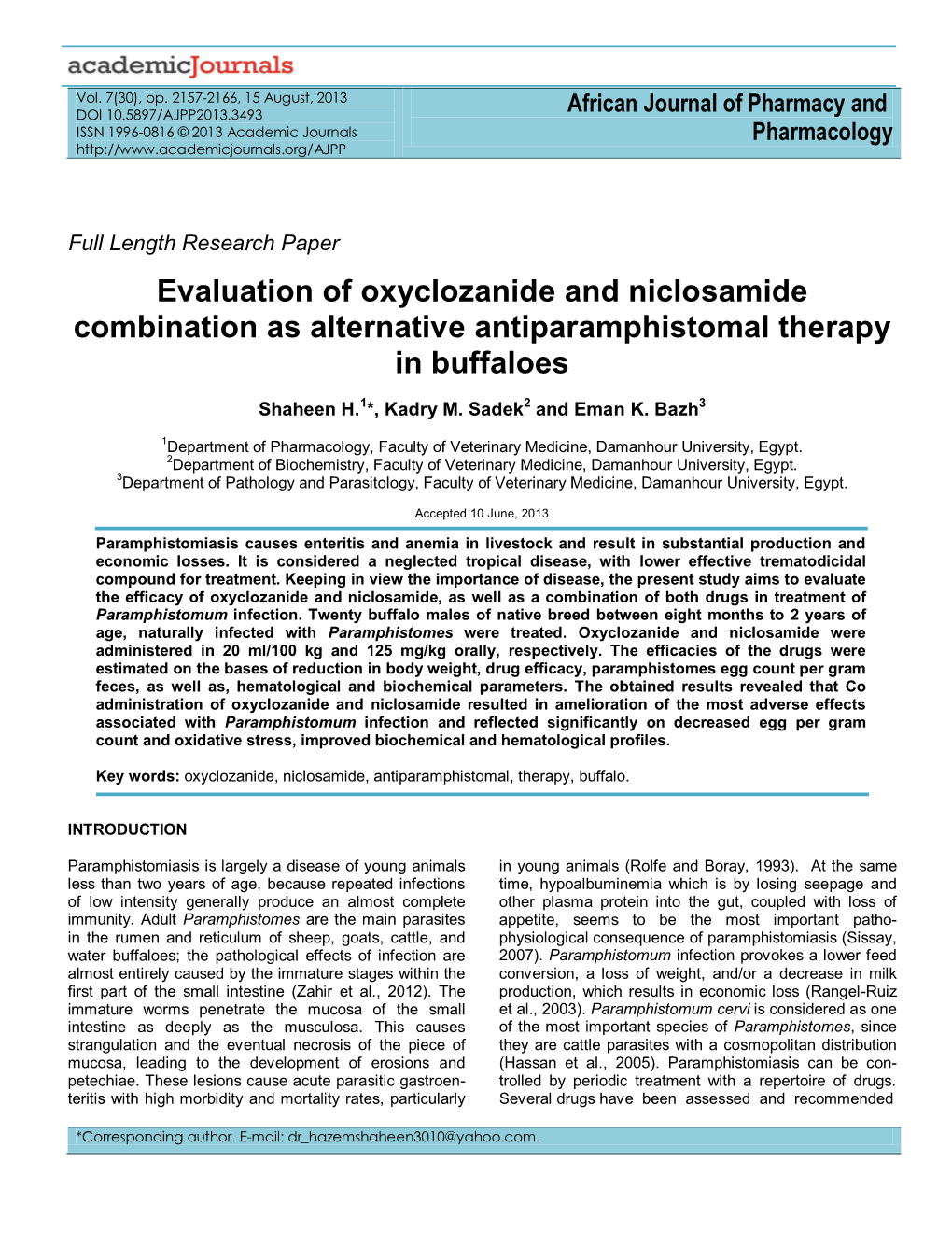 In Vitro and in Vivo Evaluation of Some Antiparamphisomal