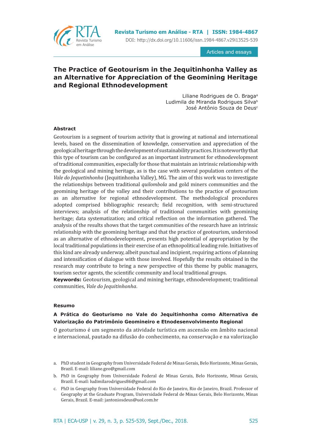 The Practice of Geotourism in the Jequitinhonha Valley As an Alternative for Appreciation of the Geomining Heritage and Regional Ethnodevelopment