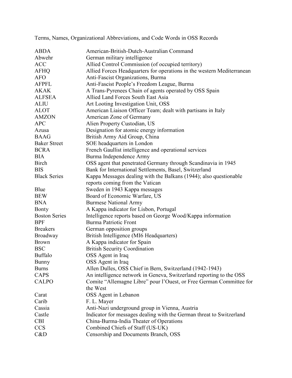 Terms, Names, Organizational Abbreviations, and Code Words in OSS Records