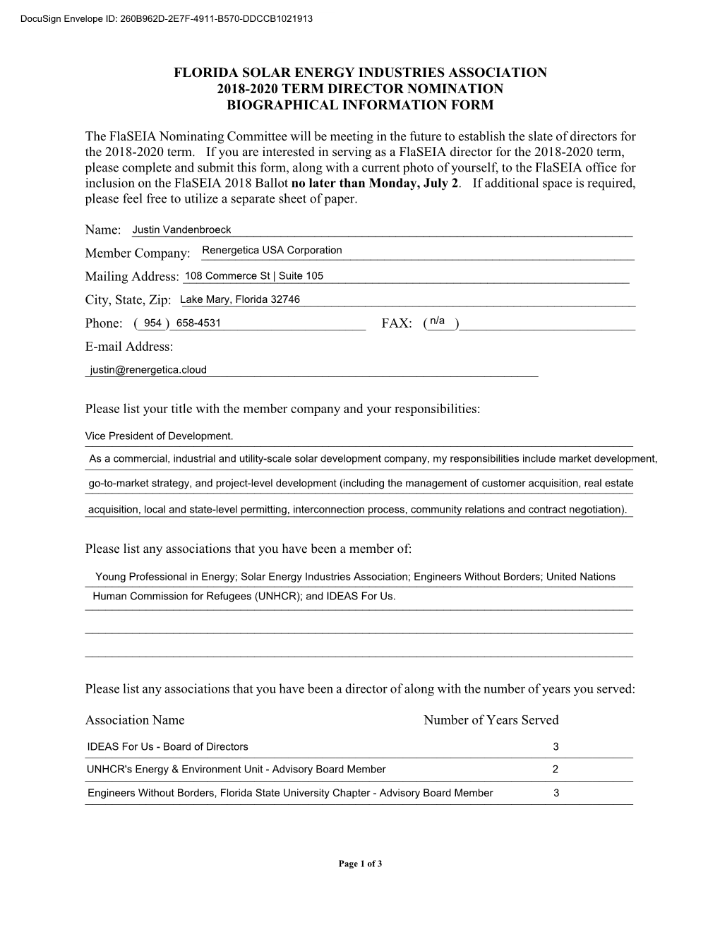 Florida Solar Energy Industries Association 2018-2020 Term Director Nomination Biographical Information Form